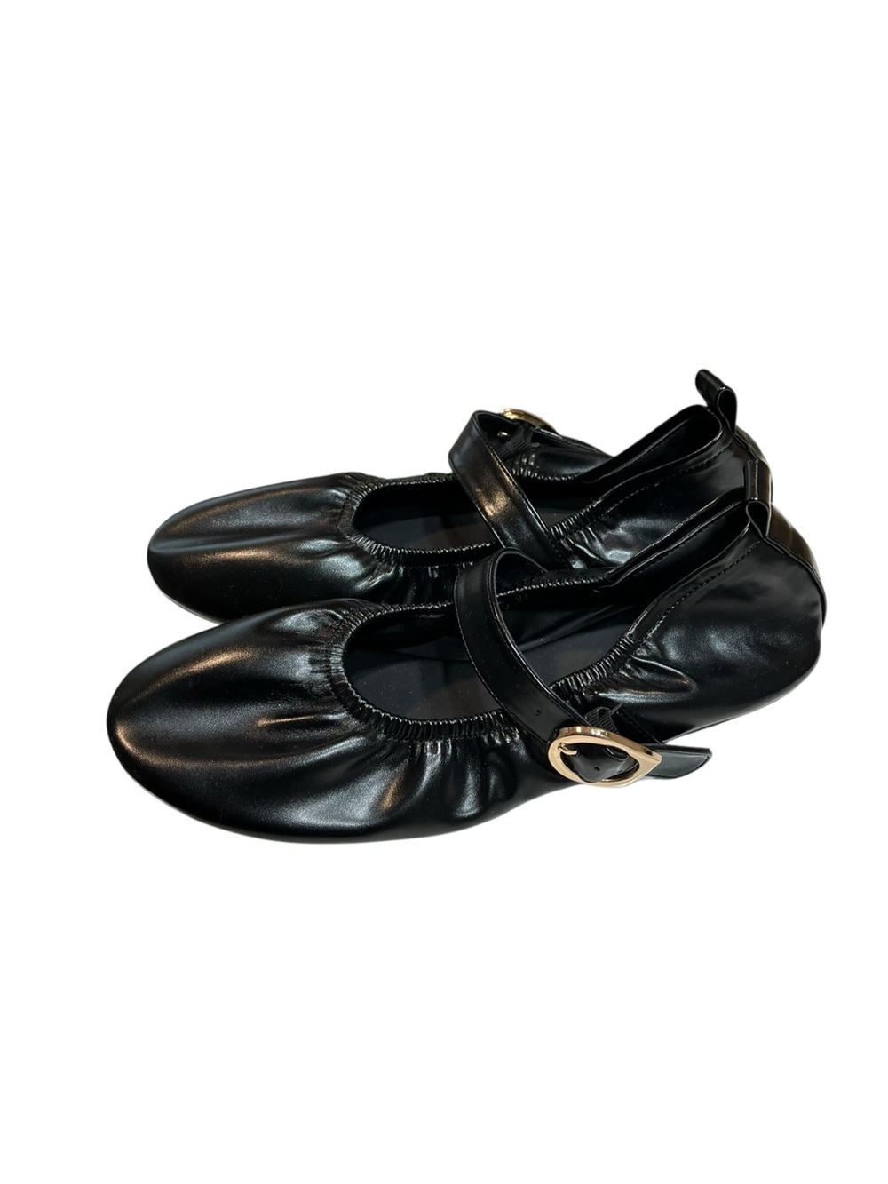 NWOT Black Faux Leather Round Toe Ruched Flats - Size 9.5